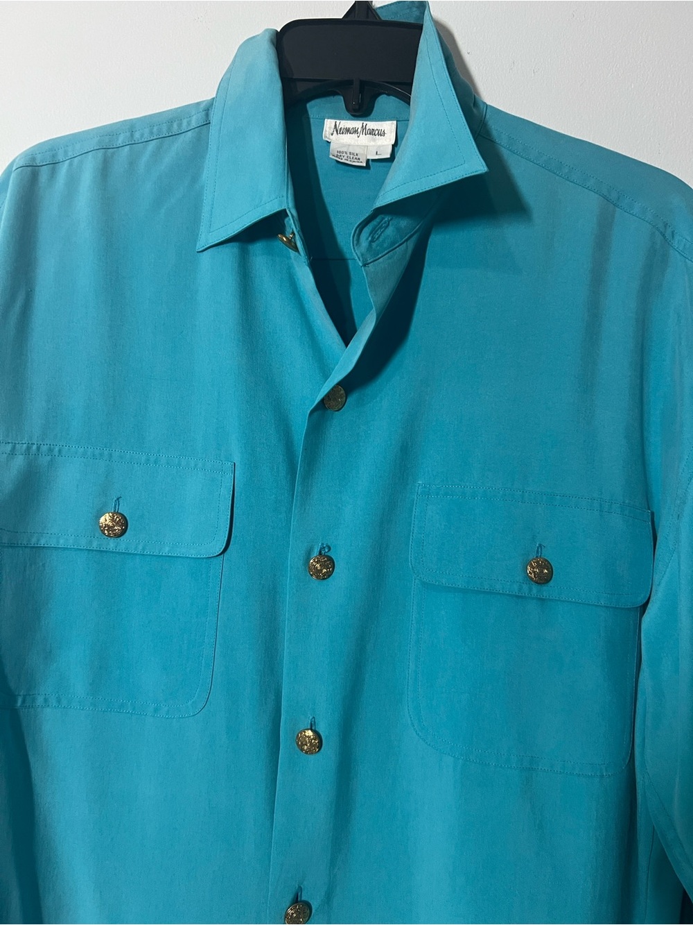 Neiman Marcus Turquoise Button-Front Shirt with Gold Buttons